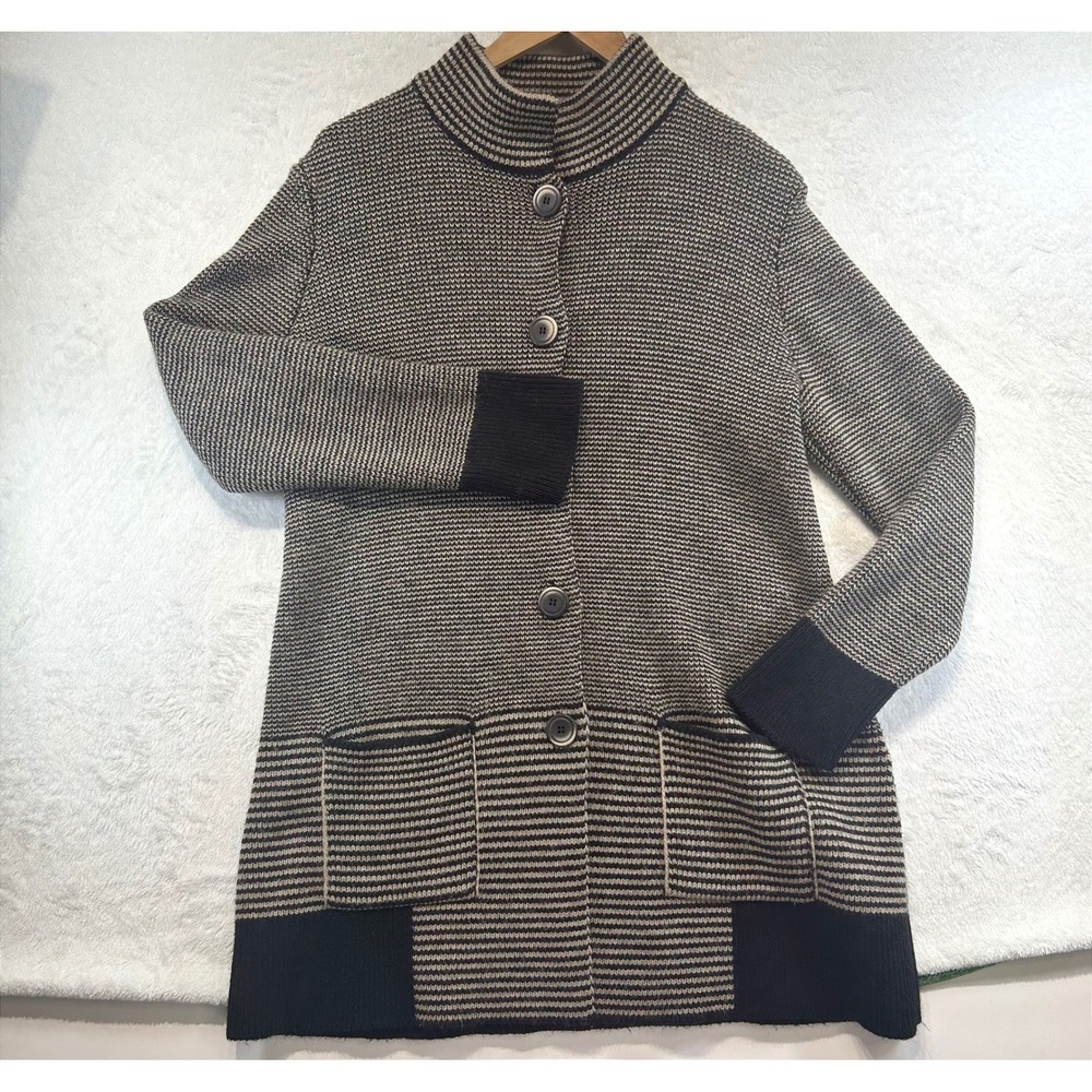 Gio & Gio Dark Academia Wool Blend Longline Cardigan Sweater L Italian Black Tan